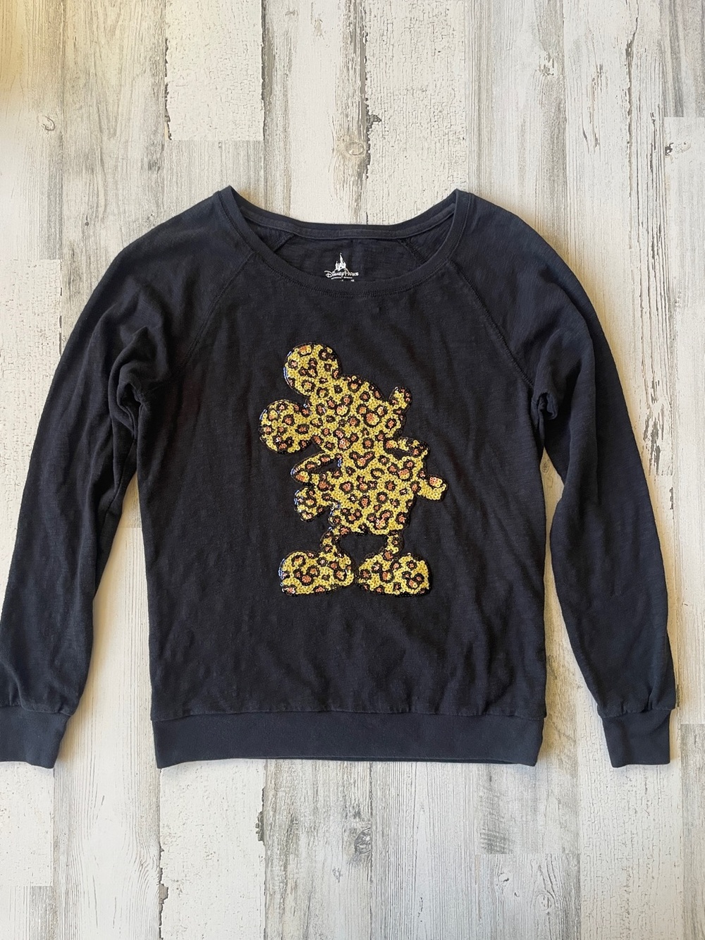 Disney Mickey Mouse Sequin Black Tee Leopard colors SZ S EUC